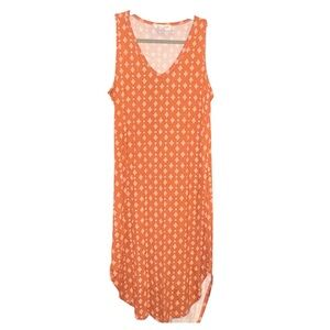 Olive + Oak Sleeveless Midi Dress Orange Geometric Print Rayon Stretch M AR41